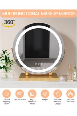 Round LED Lighted Up Makeup Mirror, Touch Sensor with 3-Color Lighting Dimmable 