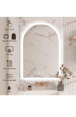 Arched LED Bathroom Mirror, Frameless Arch Backlit Wall Mirror, Lighted Vanity Mirror with 3 Color Temperature Adjustment, Anti-Fog