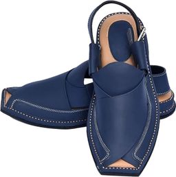 Zalmi Peshawari Chappal Pure Leather Handmade Double Sole Navy Blue 
