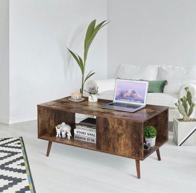 Retro Coffee Table Rectangular Open Storage Wooden Shelf  Stand For Living Room 