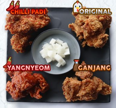 4가지 맛 순살 치킨 Fried Boneless 4 Flavours Chicken (Each 4pcs - total 16Pcs) Original, Yangnyeom, Ganjang, Chillipadi  