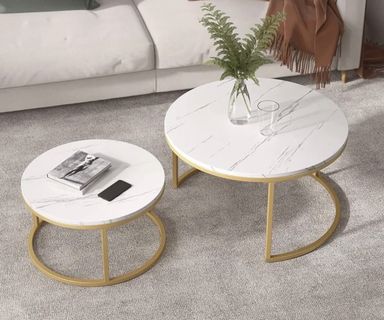 Round nesting faux marble tabletop side table metal frame set of 2