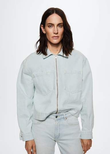 Mango light wash zip up denim jacket