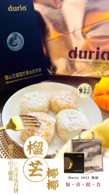 芒果椰椰 椰丝猫山王芒果冰皮 DURIA COCONUT MANGO FUSION - SHREDDED COCONUT SNOWYSKIN MOONCAKE 