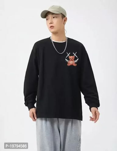 Men Cotton Black Full Sleeve Oversized Graphic Printed T Shirt 