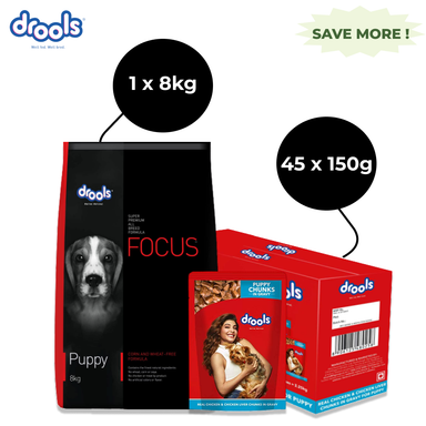 Drools Focus Super Premium Puppy Dry Food and Real Chicken & Chicken Liver Chunks in Gravy Puppy Wet Food Combo