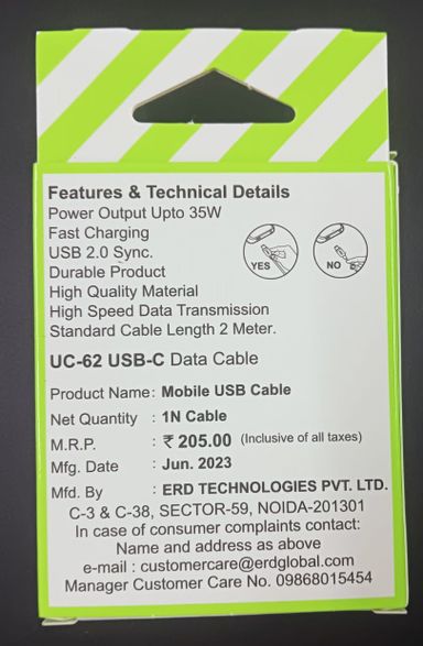 ERD UC-62 2 Meter Type-C Cable