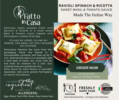 Ravioli Spinach & Ricotta in a Sweet Basil Sauce