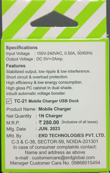 ERD TC-21 2Amp. Mobile Charger (USB Dock Only) White Color