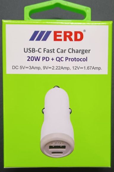 ERD CC-49 White Car Charger With Type-C Port Dock Only (100% Original With GST Bill)