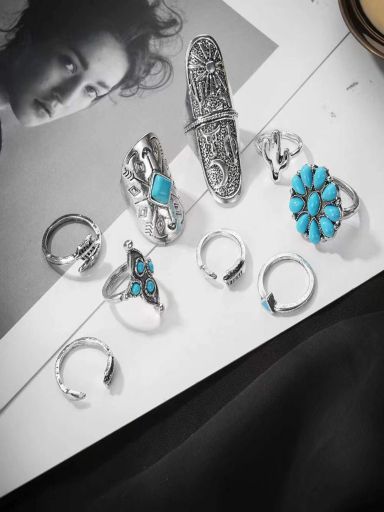 9pcs Turquoise Ring Set - Antique Silver