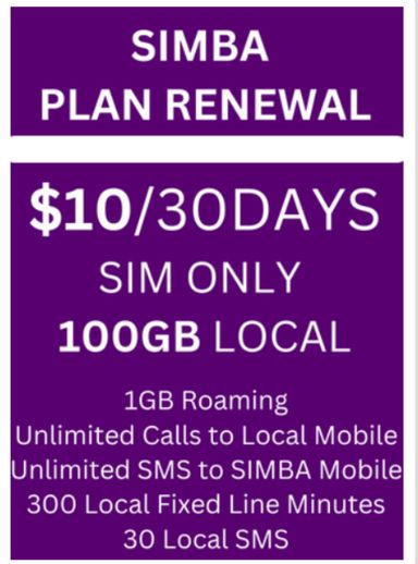  👍 SIMBA $10 100GB + Roaming + Local Calls + FIC x 30 Days Data Renewal Plan