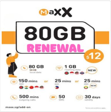 👍 M1 Maxx $12 80GB + Data Roaming + IDD + FIC x 30-Day Renewal Plan