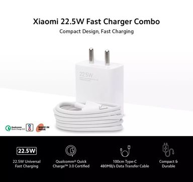 MI Xiaomi 22.5W Fast Charger with USB-C Cable, Quick Charge 3.0 Power Adapter (White)