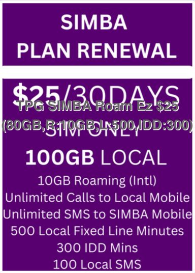 SIMBA SuperRoam $25 110GB + Roaming + Local Calls + IDD + FIC x 30-Day Renewal Plan