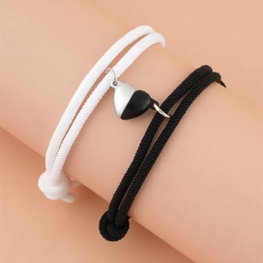 Fashion Black and White Heart Braided Rope Couple Bracelet Magnetic Attraction Shape Adjustable Bracelet Friendship Jewelry