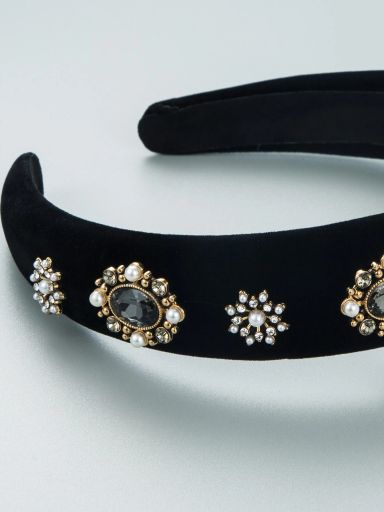 Rhinestone & Faux Pearl Wide Headband - Black