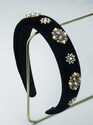 Rhinestone & Faux Pearl Wide Headband - Black