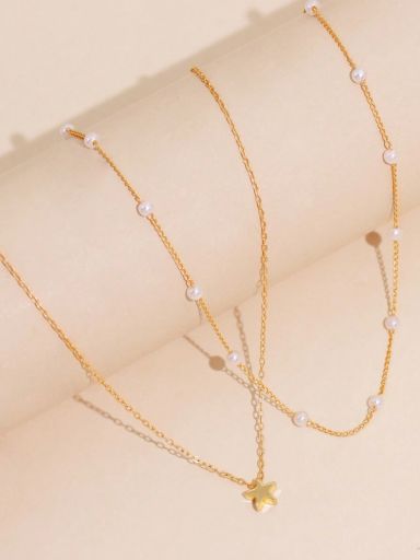 2pcs/set Pendant And Faux Pearl Layered Necklace - Yellow Gold