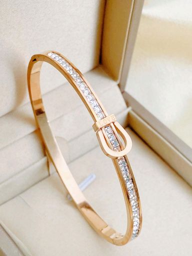 Stainless Steel Rhinestone Bangle Bracelet - Rose Gold