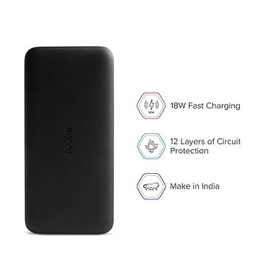 Xiaomi ‎PB200LZM Redmi 20000mAh Li-Polymer Power Bank, USB Type C and Micro USB Ports, 18W Fast Charging, Low Power Mode, Black