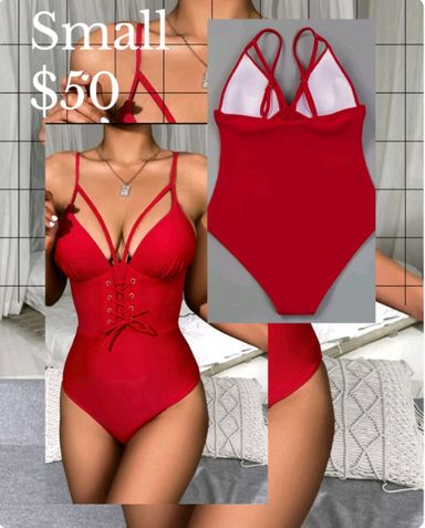 Red Lace-up One Piece Swimsuit