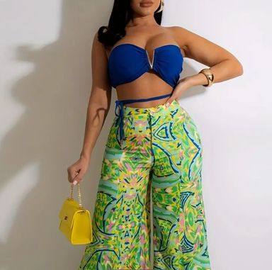 Two piece tube top and wide leg pants 