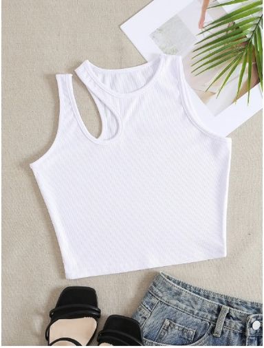 White Cut Out Shoulder Tank Top 