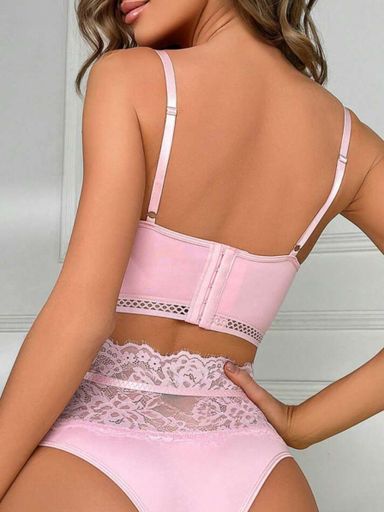 Pink Floral Lace Underwire Garter Lingerie Set with 1pair Stocking 