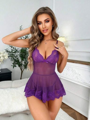 Violet Purple Contrast Lace Mesh Slips with Thong