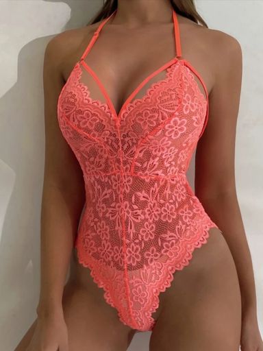 Coral Pink Floral  Lace Scallop Trim Harness Teddy Bodysuit