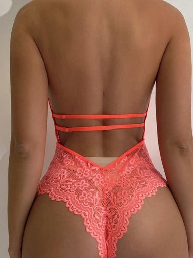 Coral Pink Floral  Lace Scallop Trim Harness Teddy Bodysuit