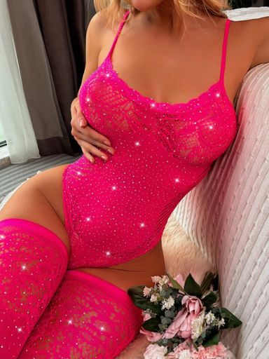 Hot Pink Rhinestone Studded Teddy Bodysuit with 1pair Stocking