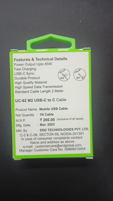 ERD UC-92 M2 Type C to C 2 Metre Power Delivery Cable white