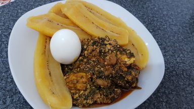 Ampesi (Plantain) and Palava Sauce (Kontomire Stew)