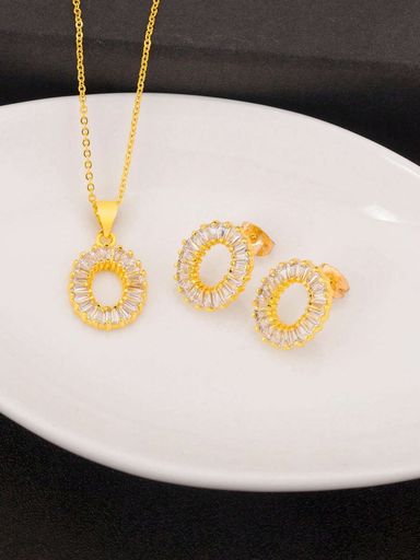 White Zirconia 18k Gold Plated Stud Earrings And Necklace Set