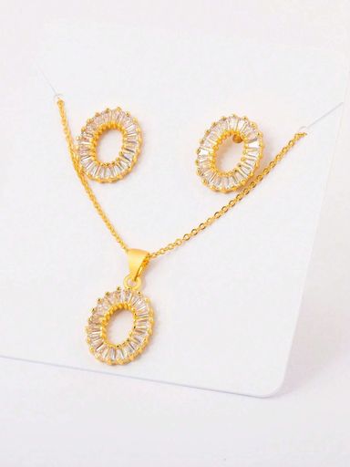 White Zirconia 18k Gold Plated Stud Earrings And Necklace Set