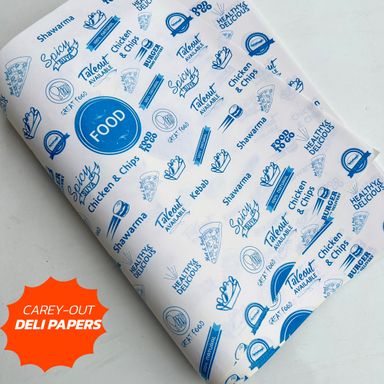 FOOD “TO GO” DELI PAPERS - 12” x 12” / BLUE & WHITE - PACK OF 100 SHEETS 