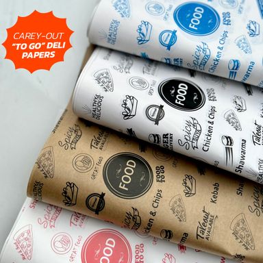 FOOD “TO GO” DELI PAPERS - 17”  x 12” / BLUE & WHITE - PACK OF 100 SHEETS