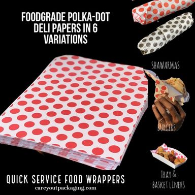 “POLKA DOT” DELI PAPERS - 12” x 12” / RED & WHITE - PACK OF 100 PIECES