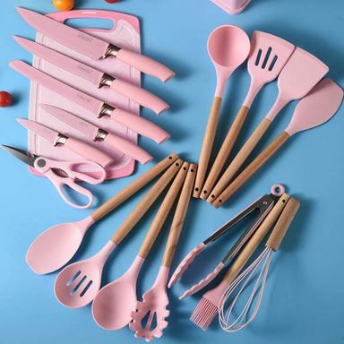 19pcs silicone cooking spoons, knifes,chopping and  holder