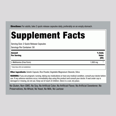 Piping Rock L-Methionine 1000 mg 100 Capsules 