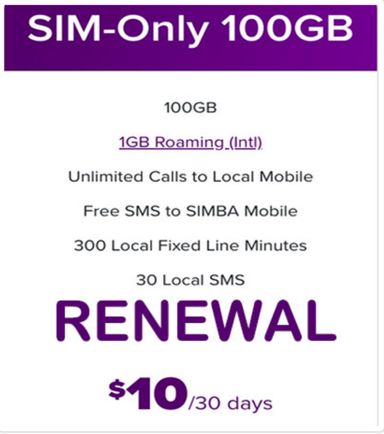 SIMBA $10 100GB Data + 1GB DataRoam + 30-Day Renewal Plan
