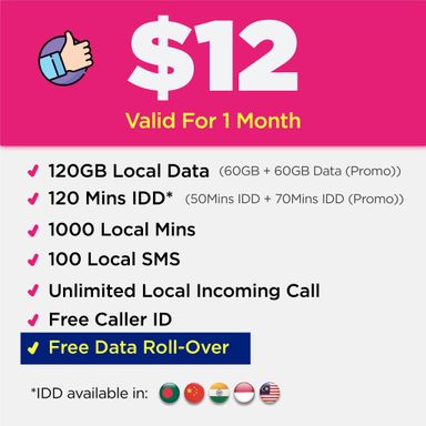 Geenet $12 120GB Data + IDD + 1-Month Renewal Plan