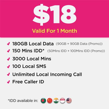 GEENET $18 180GB Data + 150 Mins IDD + 1-Month Renewal Plan