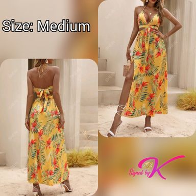 Women's Tropical Print Backless Slit Thigh Dress