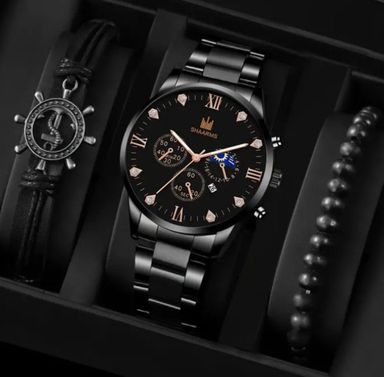 Montre à quartz décontractée avec calendrier en strass pour hommes + 2 bracelets polyvalents en cuir