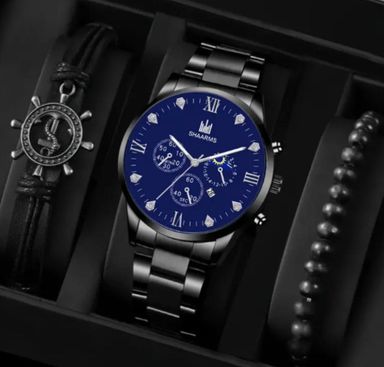 Montre à quartz décontractée avec calendrier en strass pour hommes + 2 bracelets polyvalents en cuir