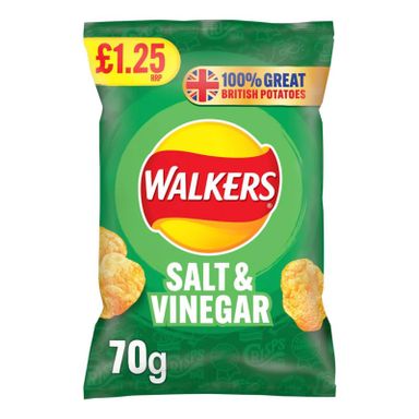 Walkers 70g salt and vinegar crisps Pm £1.25  15 per case  Dated 18/5/24