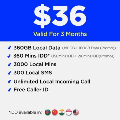 GEENET $36 360GB Data + 360 Mins IDD + 3-Month Renewal Plan